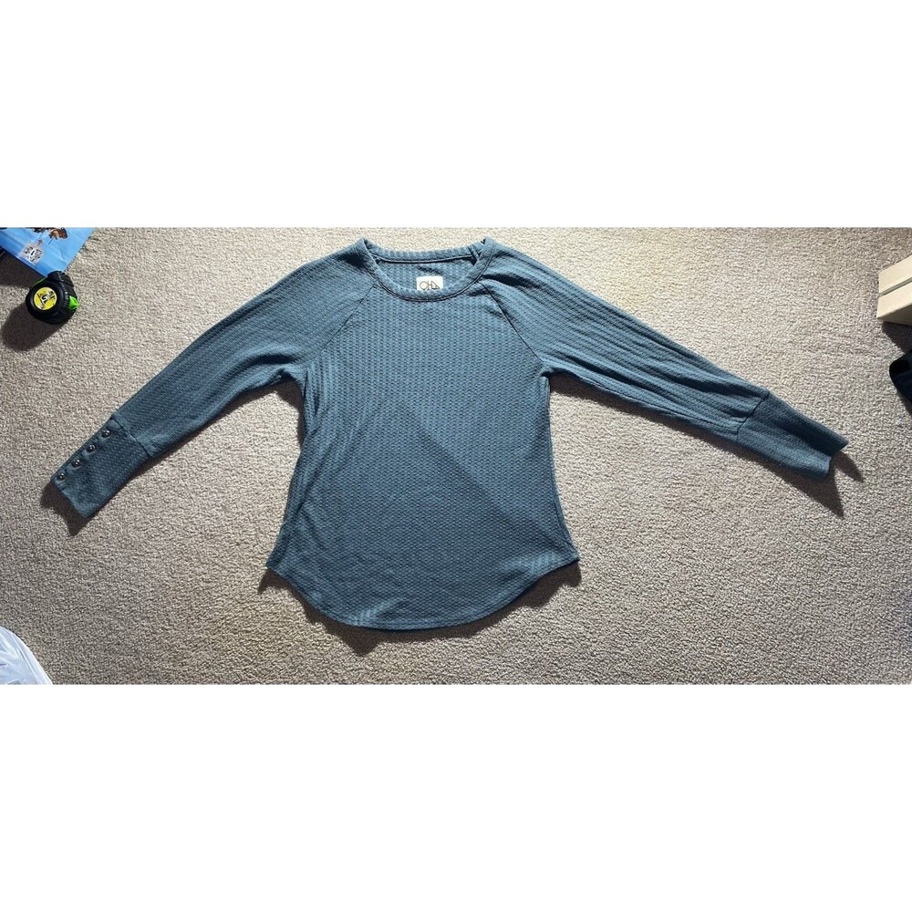 Chaser Teal Waffle Knit Thermal Long Sleeve Button Cuff Top Size S